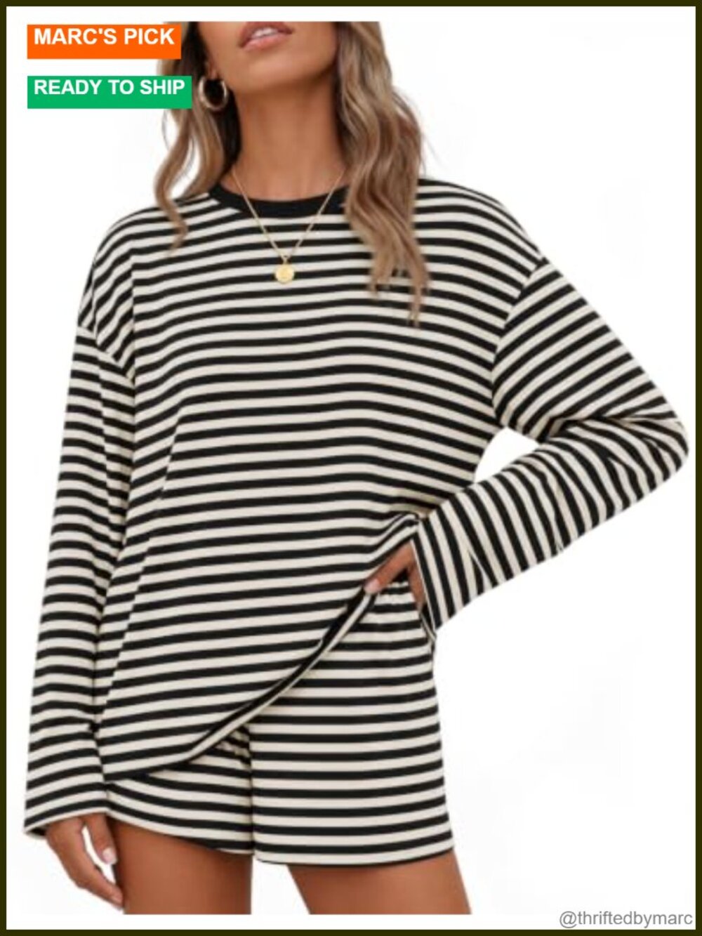 Women's 2 Piece Lounge Set Striped Shorts Oversized Crewneck Long Sleeve Top